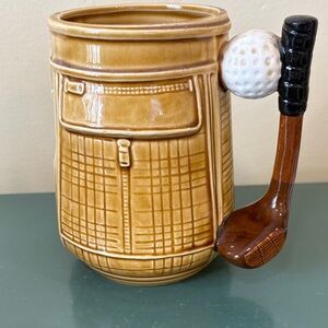 Vintage Lefton Stoneware Golf Mug Featuring A 3D Golf Bag Design
